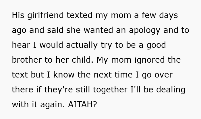 A text screenshot shows a message about a pregnant GF wanting a teen to be a big bro to her baby, and his refusal.