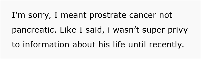 Text message conversation showing a correction about prostate cancer and lack of recent information about his life.