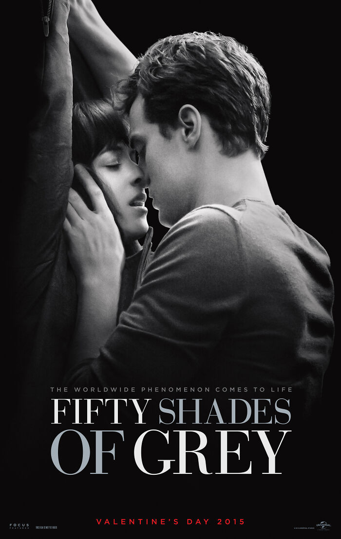 Black and white movie poster for Fifty Shades of Grey, featuring a man embracing a woman. Recalls horrible first dates.
