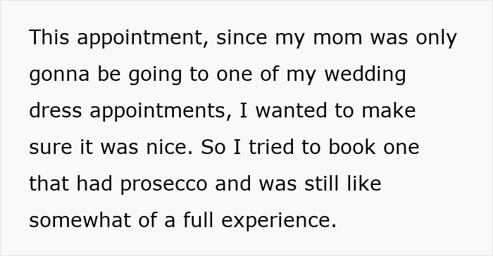 Text about a woman&rsquo;s wedding dress appointment experience, mentioning feeling icky and refusing to tip, with internet support.