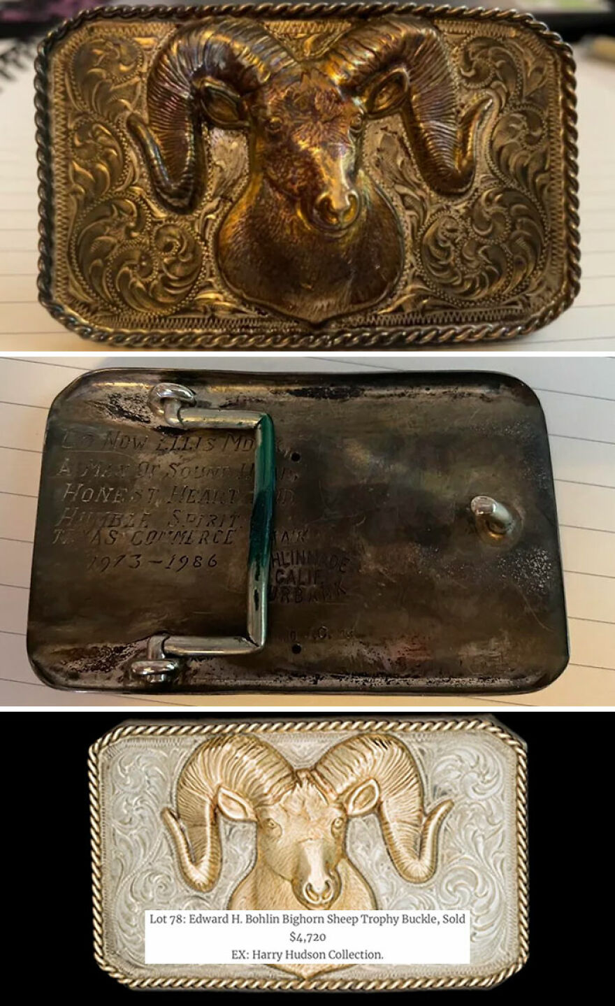 A Goodwill gold bar find: A vintage silver and gold ram head belt buckle with intricate details, selling for $4,720.