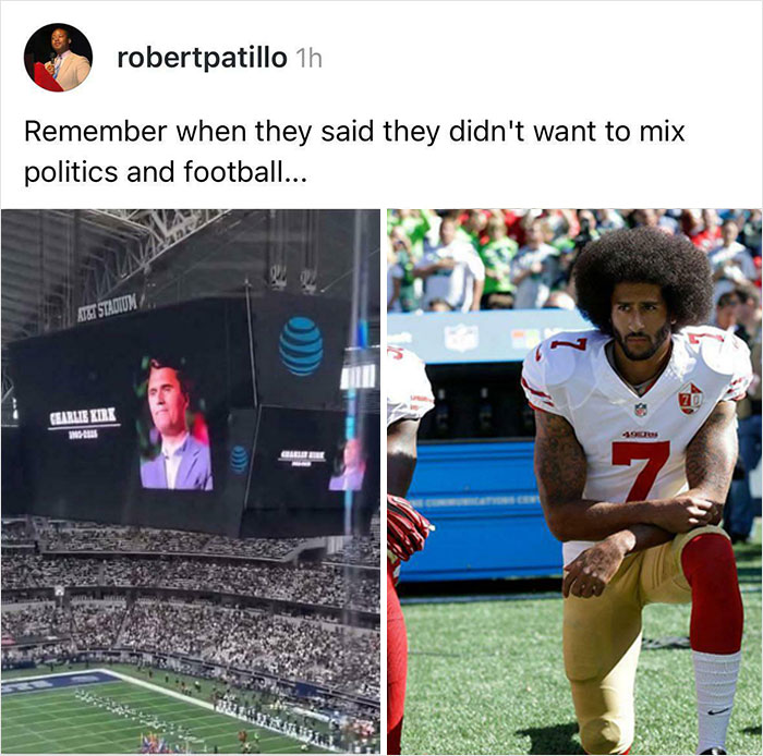 A stadium jumbotron showing Charlie Kirk juxtaposed with Colin Kaepernick kneeling. Important Tweets from Black Twitter.