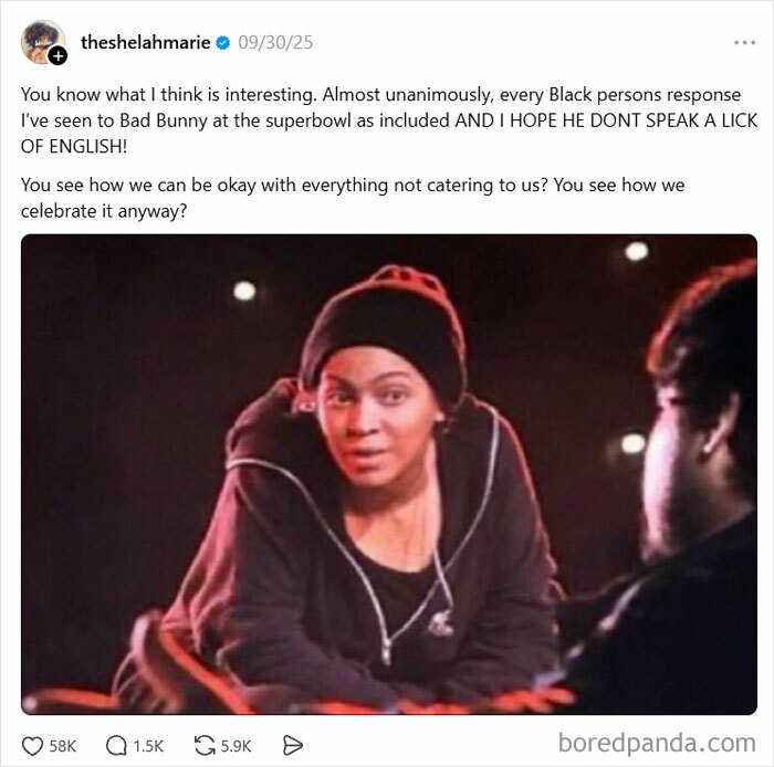 A tweet from TheShelahMarie about Bad Bunny at the Superbowl, with a meme image. Black Twitter tweets, new pics.