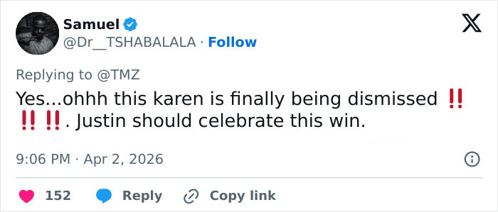 Tweet reacting to Blake Lively's lawsuit dismissal against Justin Baldoni, celebrating the legal win and public response.