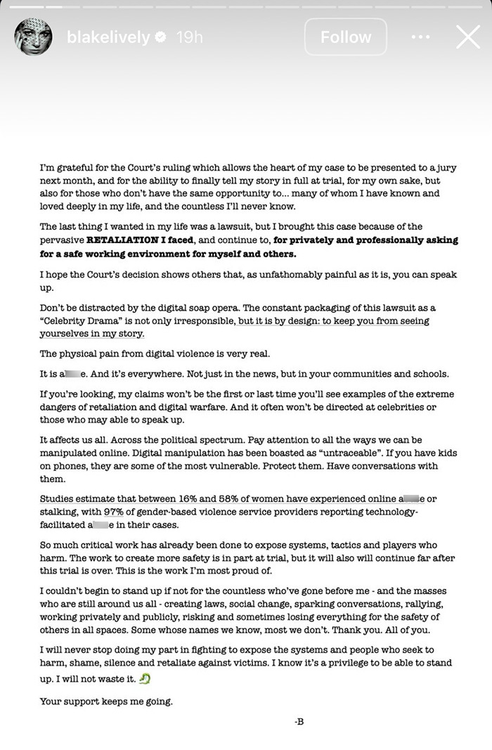 Blake Lively shares a powerful lawsuit statement addressing retaliation and digital violence in her fight for a safe work environment.