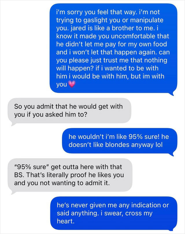 Text message conversation showing girlfriend explaining male bestie friendship as boyfriend expresses concerns over their connection.