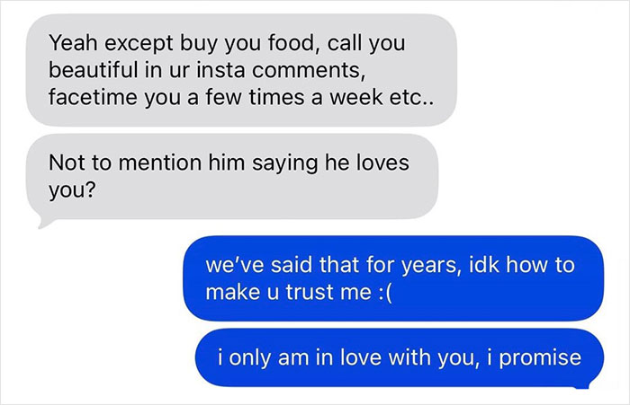 Text conversation showing girlfriend confused after boyfriend finds her connection with male best friend problematic, relationship trust issues.