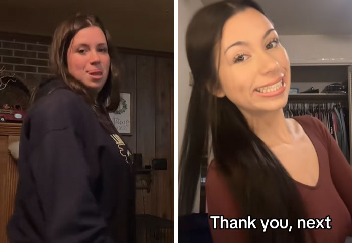 Side-by-side post-breakup transformation of a smiling woman illustrating personal growth and confidence changes.