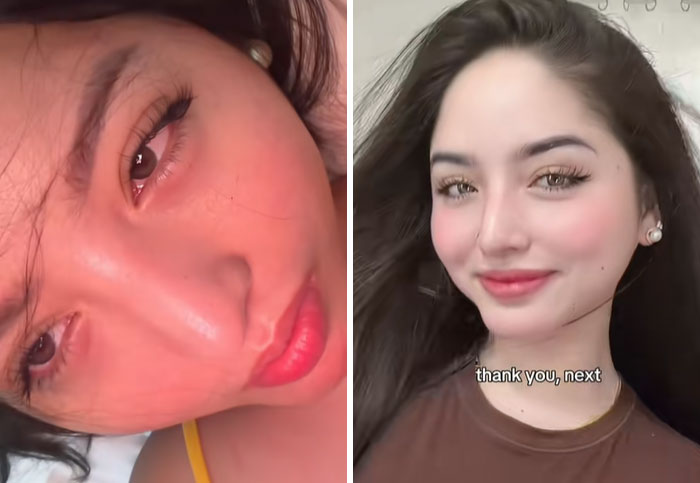 Side-by-side post-breakup transformation of a woman smiling with makeup, illustrating gratitude and self-growth thank you next.