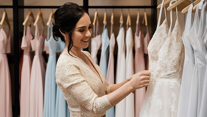A smiling woman in a lace top adjusts a white wedding dress on a rack, with bridesmaid dresses in the background.
