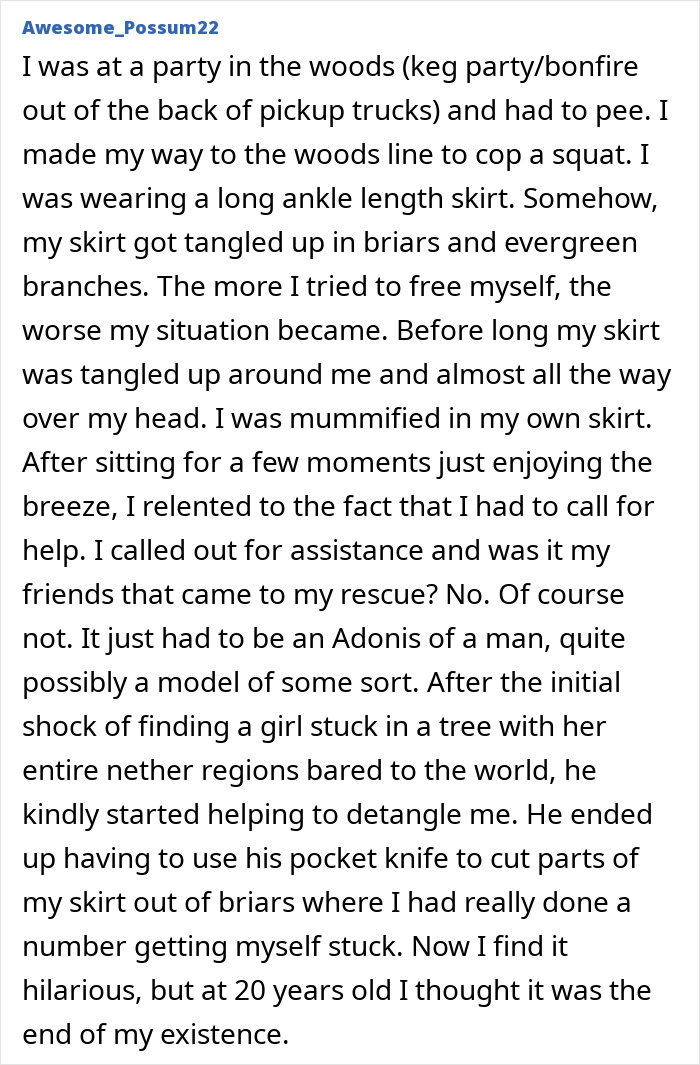 A screenshot of a user's story describing an embarrassing moment getting tangled in a skirt at a party in the woods.