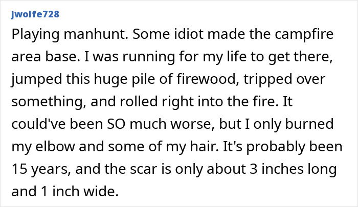 Screenshot of a personal story describing a painful and stupid injury while playing manhunt involving burns and a fire.