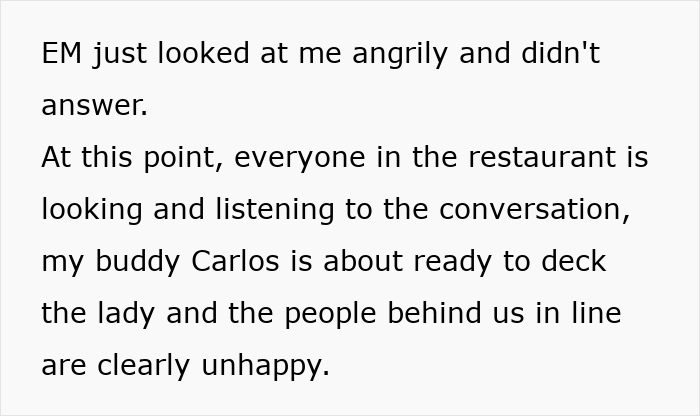 Text excerpt describing an entitled mom assuming a random guy will buy her kids food, causing tension in a restaurant.