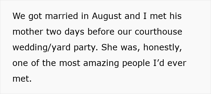 Text excerpt, part of a story about a MIL, about meeting the mother-in-law two days before the wedding.