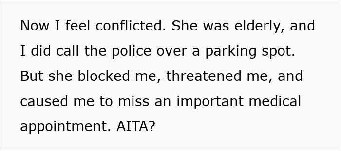 O texto em fundo branco mostra um homem em conflito após chamar a polícia durante uma briga de estacionamento com uma mulher idosa, fazendo com que ele faltasse a uma consulta médica.