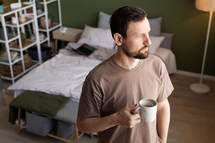 Man holding a mug, standing in a bedroom, looking outside thoughtfully after ice-filled bin revenge on honking driver.