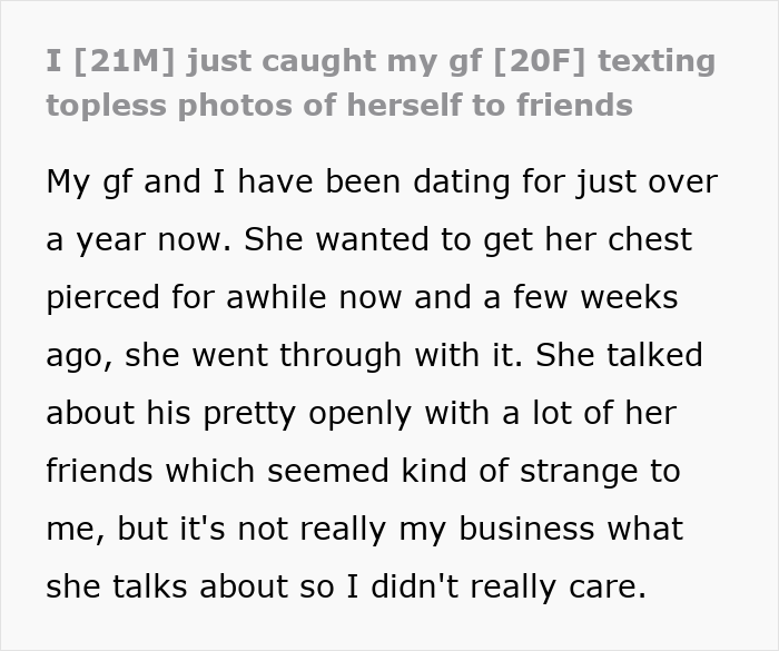 Text conversation about a girlfriend showing off new chest piercings and sending topless pictures to her friends.