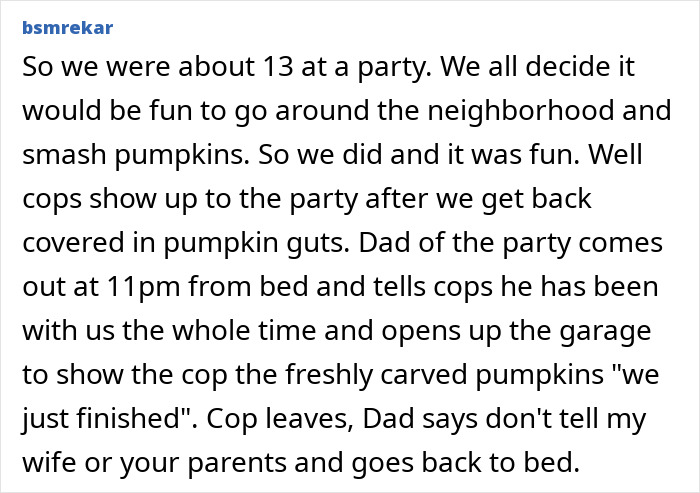 Teen and dad sharing a secret about a mischievous night with pumpkins, highlighting secrets dads and their kids keep.
