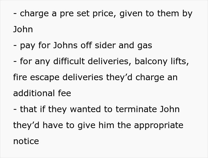 Text listing delivery fees and contract terms related to helping an overworked and underpaid friend.