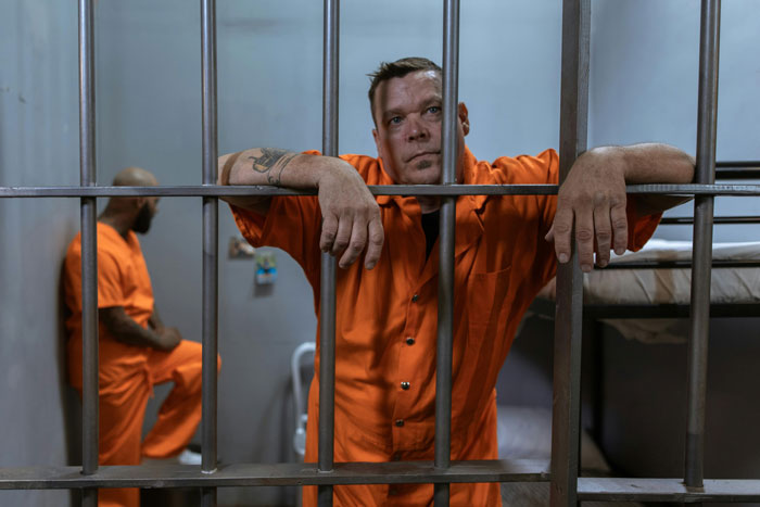Man in orange prison uniform behind bars, representing criminal and cheater facing jail time after crimes exposed.