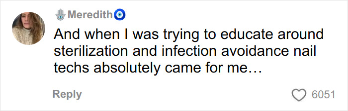 Comment from a woman warning about sterilization and infection risks at nail salons after hospitalization.