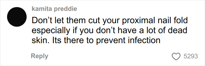 Screenshot of a social media comment warning about nail salon risks and preventing infection by not cutting the proximal nail fold.