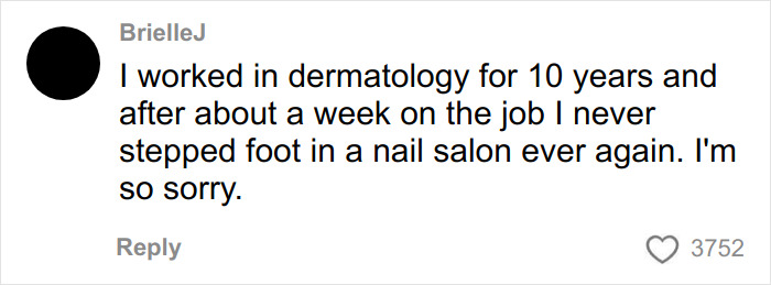 User comment about working in dermatology and warning against going to nail salons after a hospital visit.