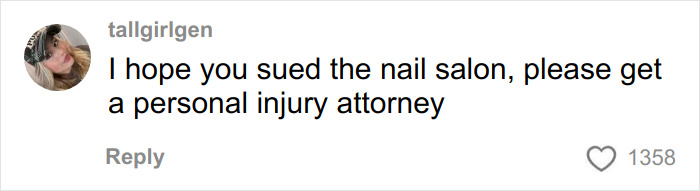 Comment on social media post showing concern about nail salon visit and personal injury advice after hospital incident.