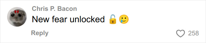 Comment on social media post showing user Chris P. Bacon expressing new fear unlocked with lock and thinking emojis, discussing nail salon safety concerns.