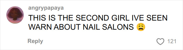 Comment warning about nail salons, expressing concern with an anxious emoji on a social media post by user angrypapaya.