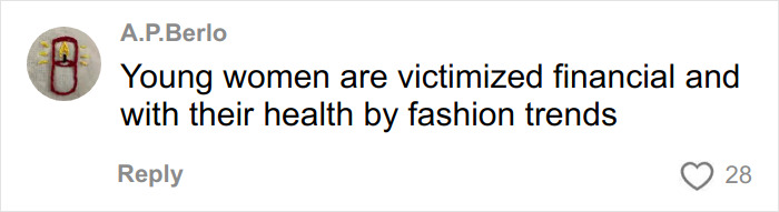 Comment about young women facing health risks and victimization due to fashion trends related to nail salons.