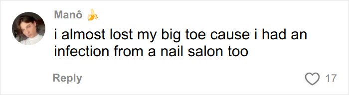 Comment from a young woman warning about infection risks after visiting a nail salon causing serious health issues.