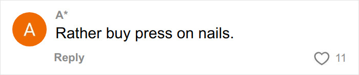 Comment box with user icon and text saying rather buy press on nails, expressing a warning about nail salons after hospital visit.