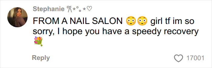 Comment from a young woman issuing an urgent warning about nail salons after a hospital experience.