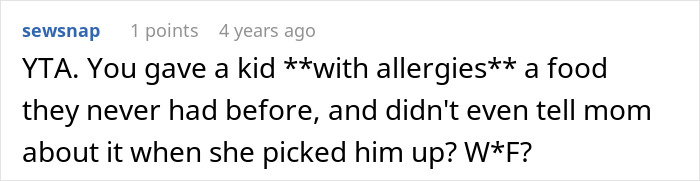 A Reddit comment criticizing giving a child with allergies food, linking to the struggle to transition son into vegan.