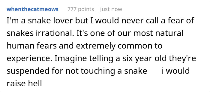 Reddit comment discussing school suspending daughter due to fear of snakes and the natural commonality of this fear. Reddit comment discussing school suspending daughter due to fear of snakes and the natural commonality of this fear.