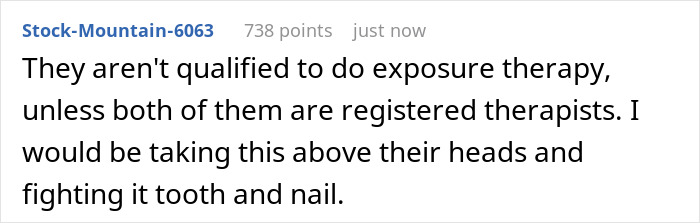 Screenshot of an online comment expressing concern about unqualified exposure therapy for a daughter’s fear of snakes at school. Screenshot of an online comment expressing concern about unqualified exposure therapy for a daughter’s fear of snakes at school.