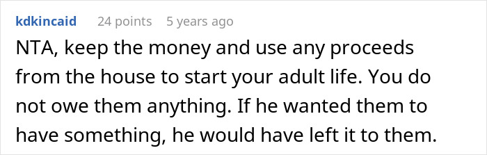 Comment discussing an estranged dad leaving inheritance to daughter while stepmom demands equal sharing of assets.