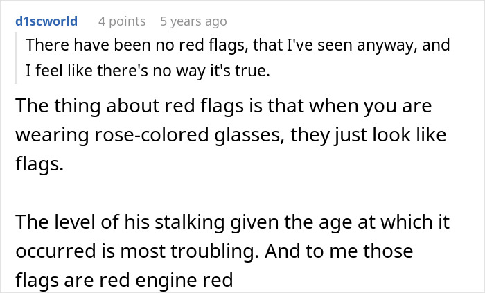 Screenshot of an online comment discussing red flags and stalking related to a man&rsquo;s creepy confession in a relationship.
