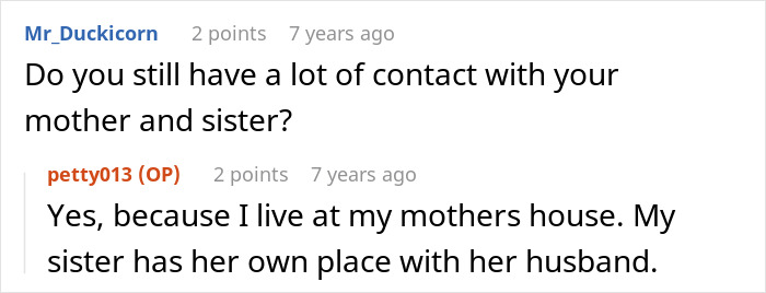 Screenshot of an online conversation about family contact and living arrangements involving mother and sister.