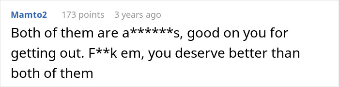 A Reddit comment supporting a woman discovering a husband's affair, stating the user deserves better than both of them.