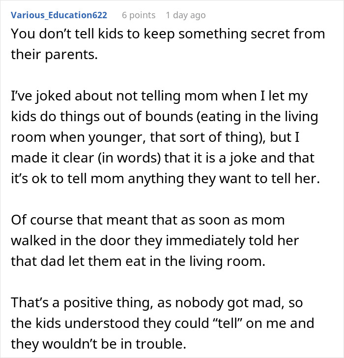 Comment discussing how a parent can tell right away when a kid received food they were not supposed to.
