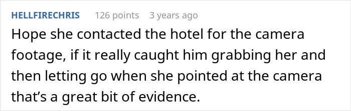 Comment discussing hotel camera footage showing man&rsquo;s outburst over wife not liking mustard.