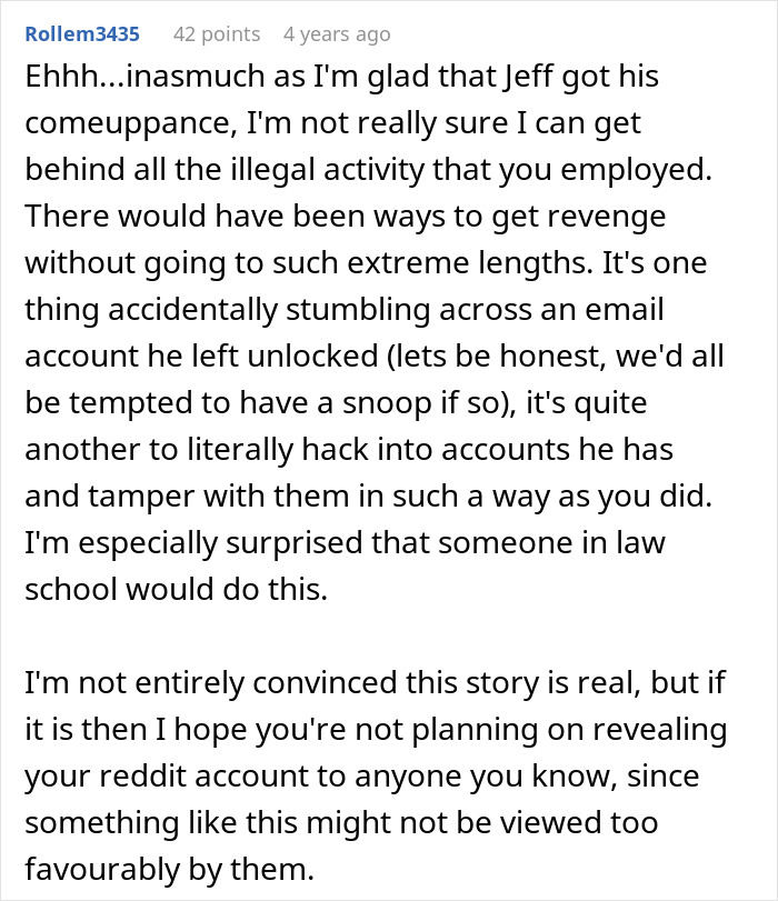 A Reddit comment discussing illegal revenge against a guy who dumps his wife to marry a mistress.