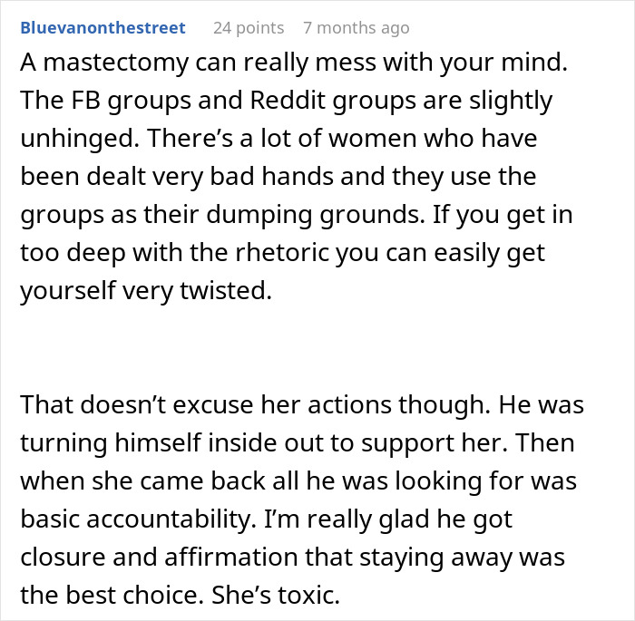 Comment discussing emotional struggles, mastectomy impact, and relationship issues during cancer fear and divorce.