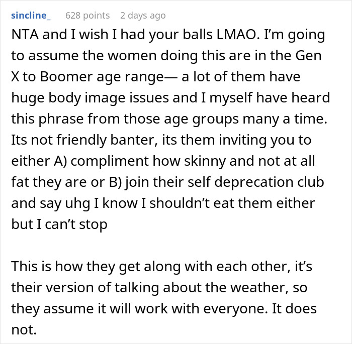 Alt text: Reddit comment discussing coworker candy routine and office opinions on body image and self-deprecation habits.