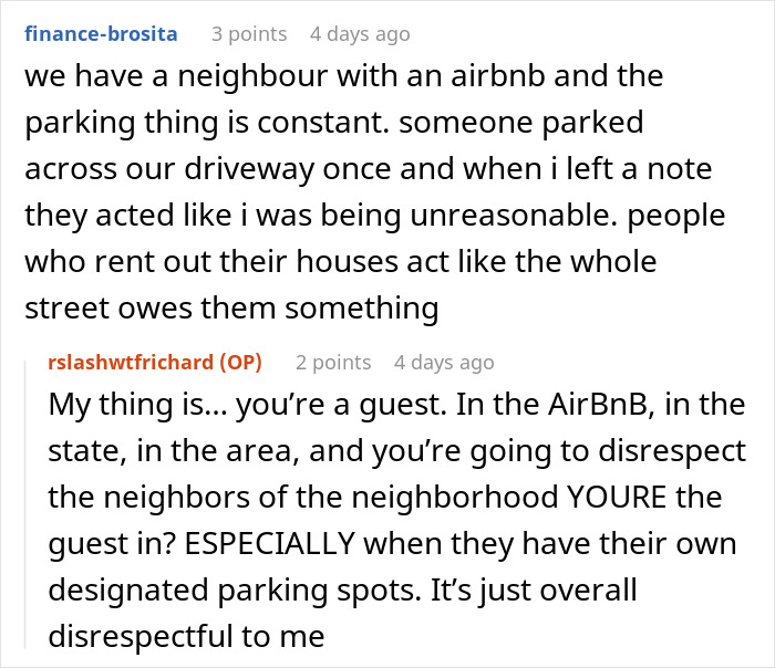 Text conversation about entitled guests parking in a woman's designated parking spot and the neighborhood parking issues.
