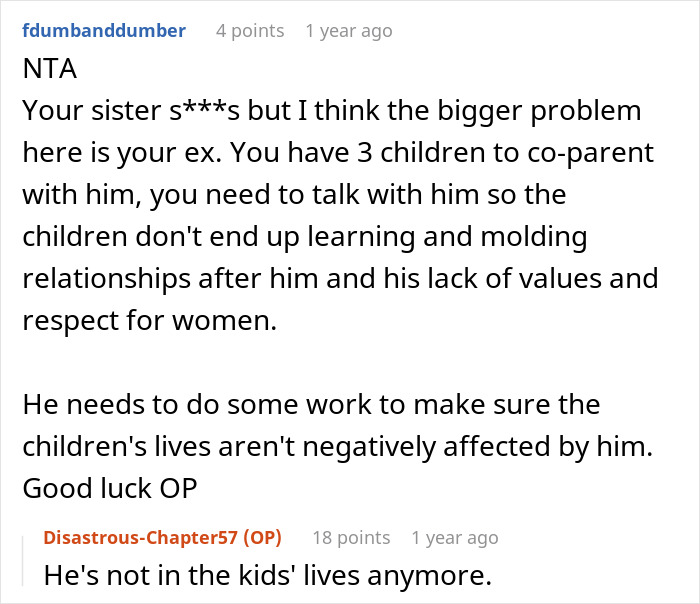 Reddit thread discussing karma and relationship issues after cheating with sister's baby daddy.