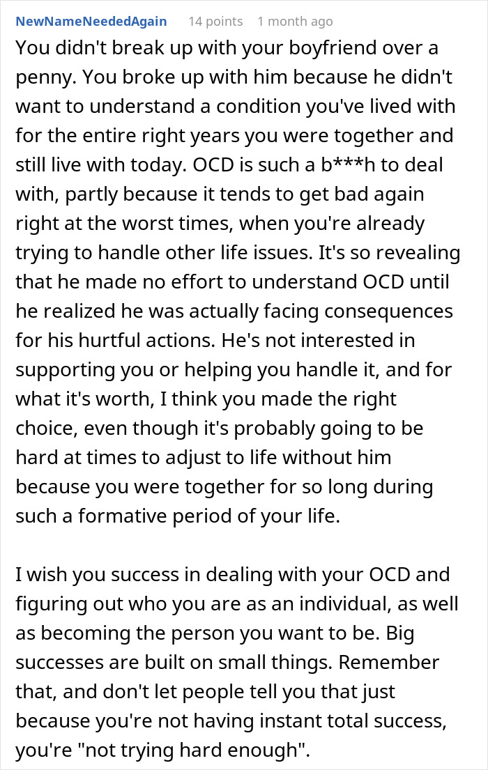 Alt text: Online discussion about woman ending relationship over one cent feeling liberated and dealing with OCD challenges.
