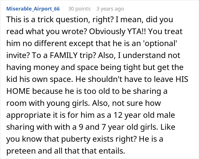 Woman paying for family vacation, deciding stepson isn&rsquo;t going because he wouldn&rsquo;t enjoy the trip experience.